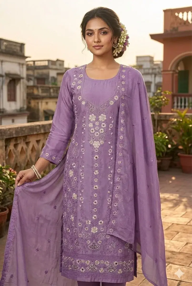 Indian Georgette Zarkan Embroidered Stone Work Three-piece - Image 2