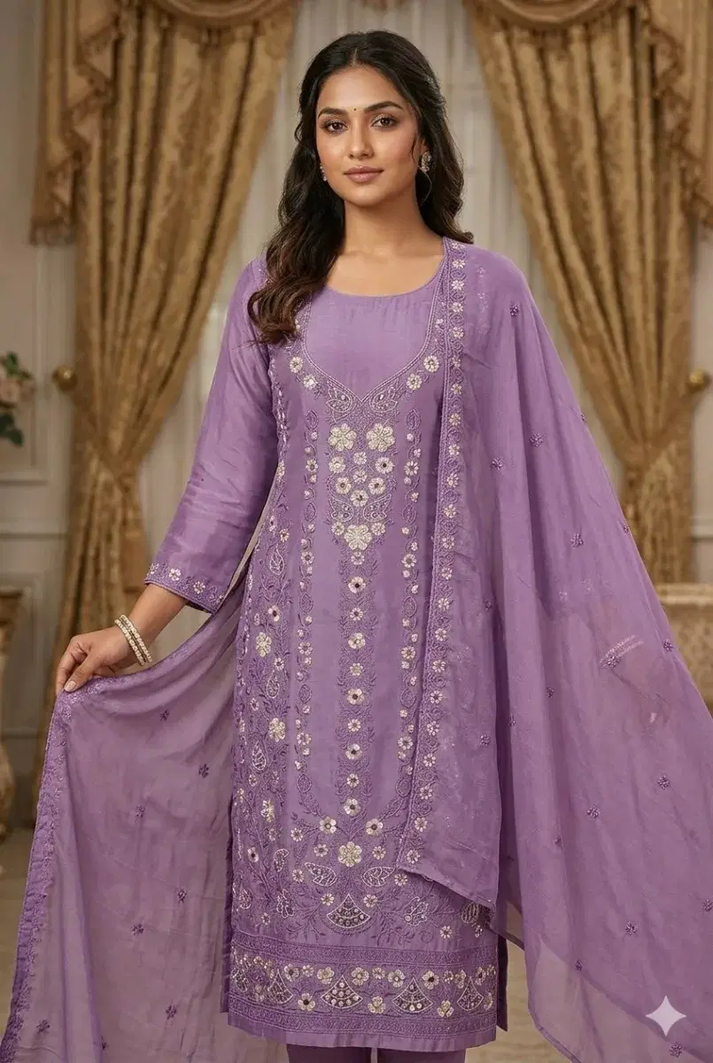 Indian Georgette Zarkan Embroidered Stone Work Three-piece - Image 3