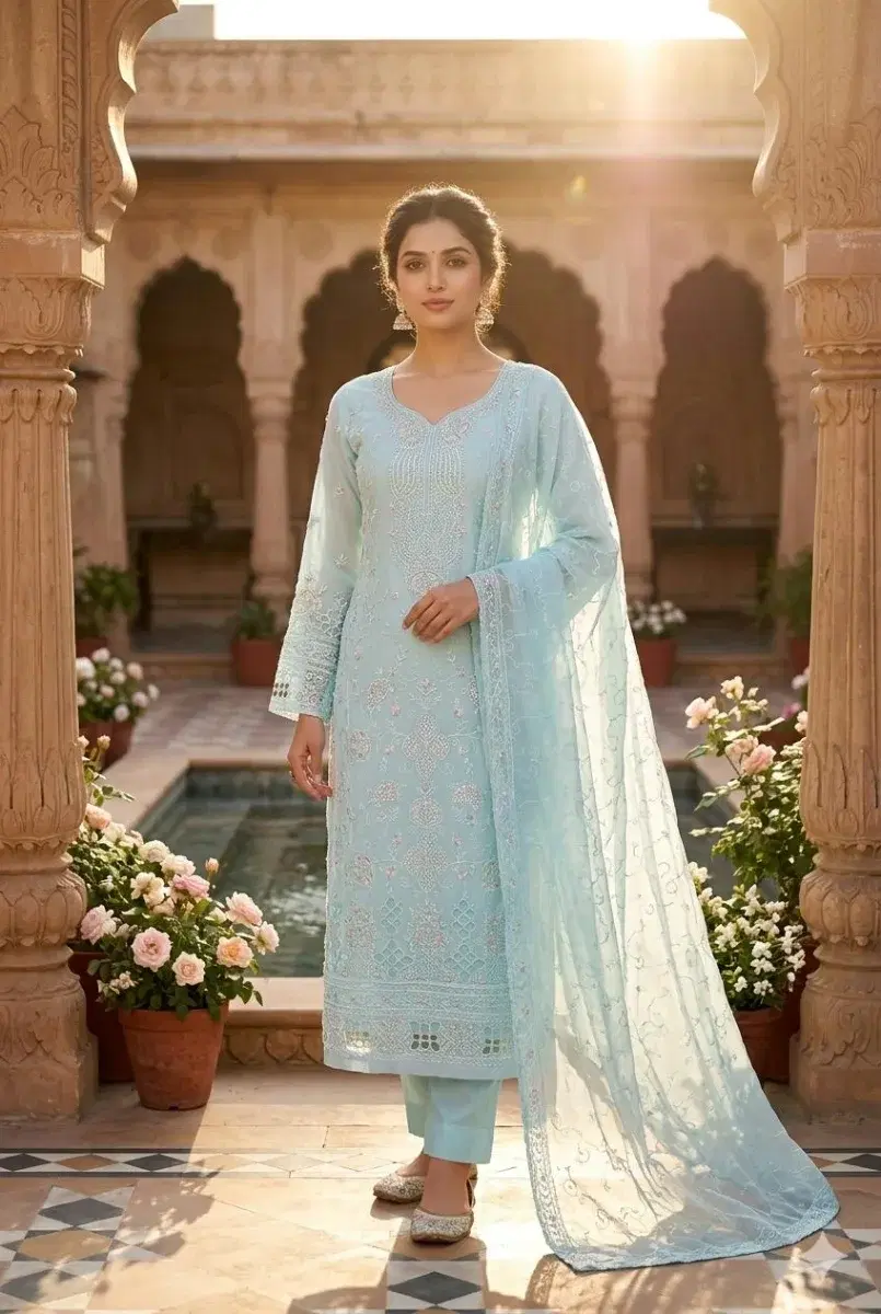 Indian Georgette Zarkan Embroidered Stone Work Three-Piece. - Image 1