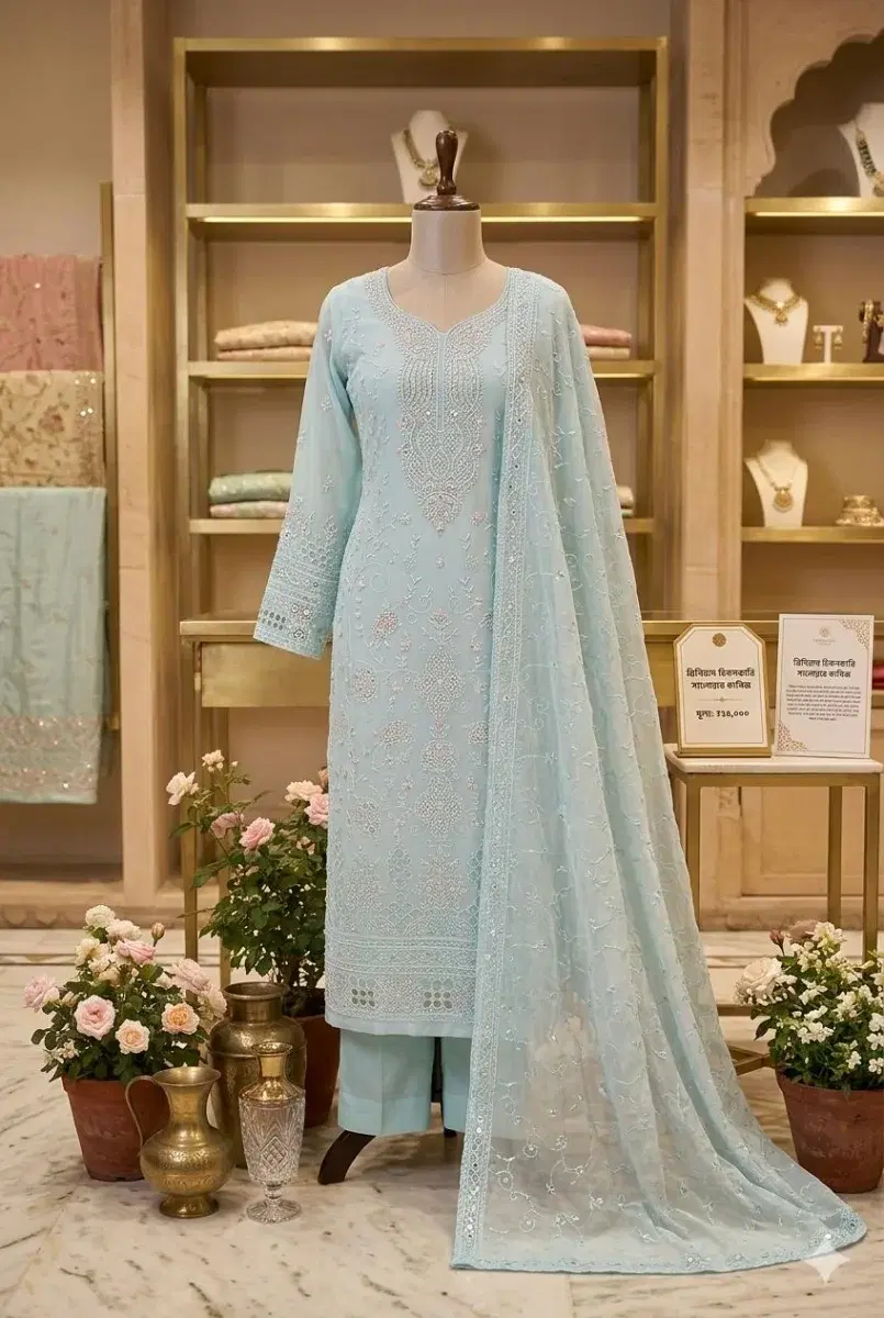 Indian Georgette Zarkan Embroidered Stone Work Three-Piece. - Image 2