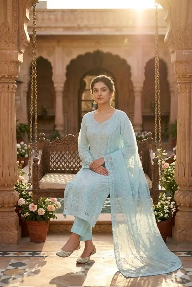 Indian Georgette Zarkan Embroidered Stone Work Three-Piece. - Image 3