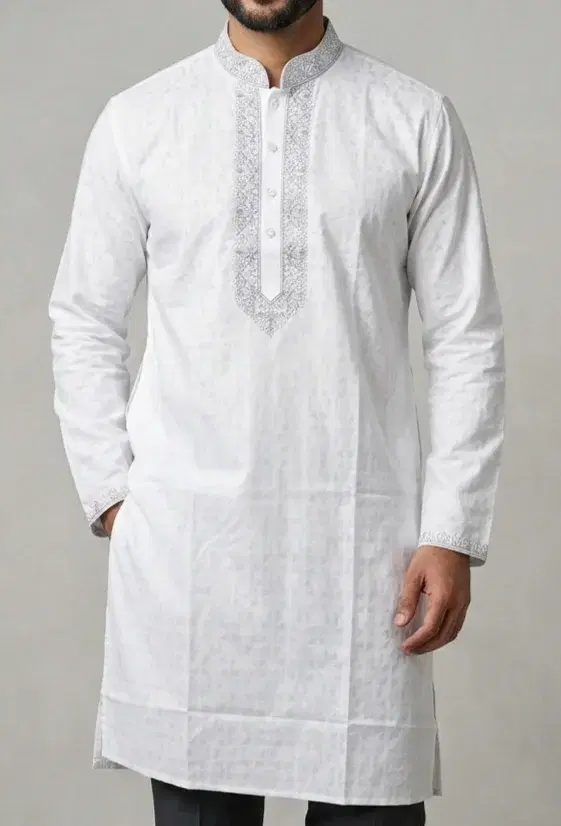 Men's Casual White Cotton Panjabi - Image 2